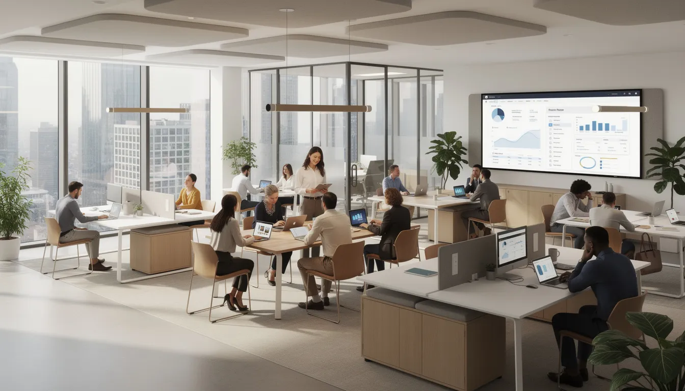 The image depicts a modern office environment featuring teams collaborating in an open floor plan, where diverse perspectives are shared to enhance employee engagement and productivity. This setting reflects the organization's focus on continuous improvement efforts and effective resource allocation to achieve strategic goals and long-term success.