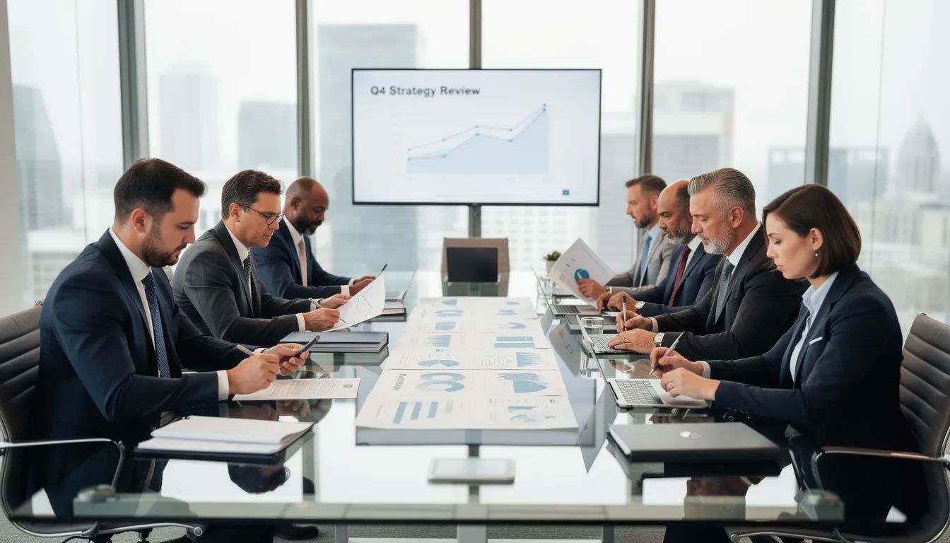 In a modern boardroom, an executive team is engaged in a strategic review of documents, discussing how the organization operates and planning for continuous improvement efforts. They analyze data to assess performance and identify objectives that will enhance employee engagement and overall organizational efficiency.
