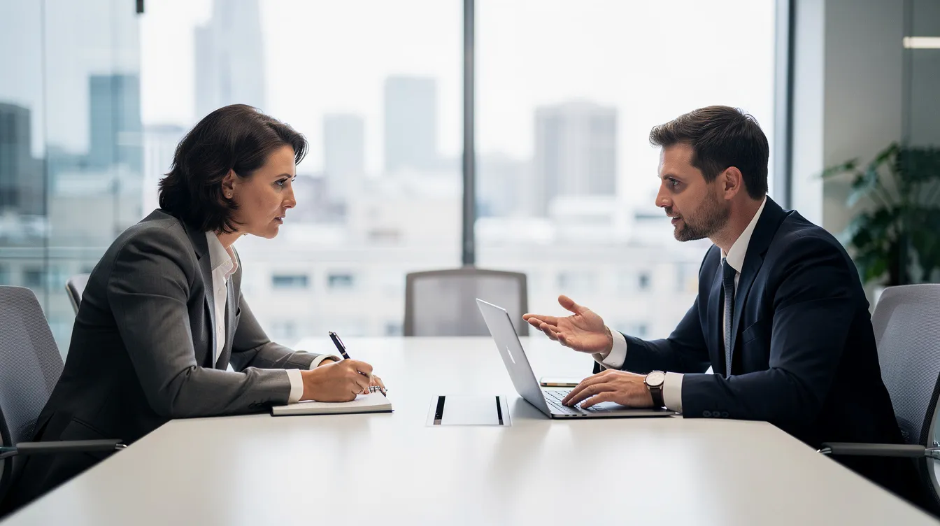 The image depicts two professionals engaged in a focused discussion at a conference table, highlighting their partnership relationship as they work towards achieving mutual business goals. Their communication skills and shared vision are evident as they strategize for future growth and success in the business world.