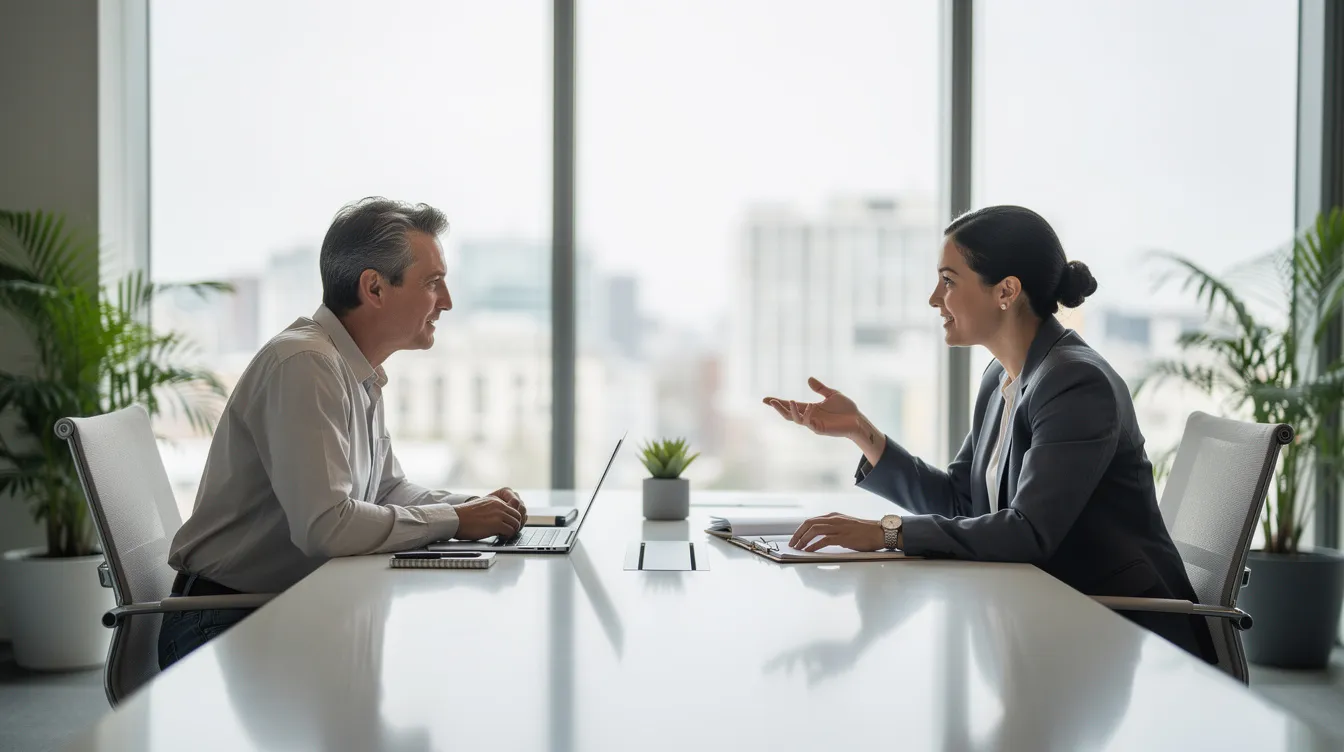 A professional business coaching session takes place at a modern office table, featuring two individuals engaged in a focused conversation about overcoming business challenges and achieving their goals. This one-on-one coaching aims to provide support and strategies to help business owners improve cash flow and maintain accountability.