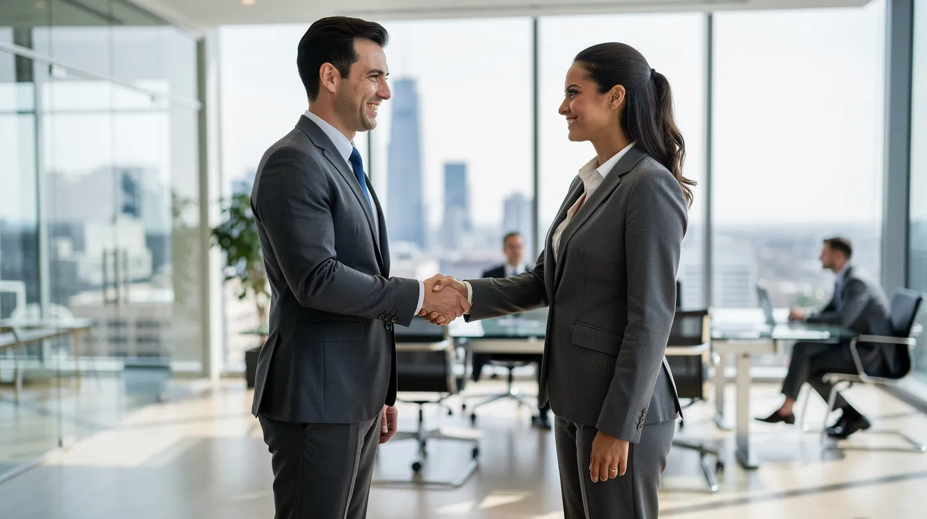 In a modern office setting, two business professionals are shaking hands, symbolizing the beginning of a strong business partnership. This moment reflects their mutual goals and commitment to achieving success through effective communication and collaboration.