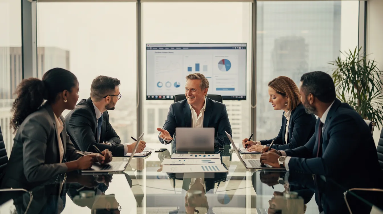 The image depicts a business leader engaging with team members around a conference table, fostering an environment of open communication and effective delegation. Together, they discuss specific tasks and responsibilities, promoting employee growth and empowerment through collaboration and clear expectations.